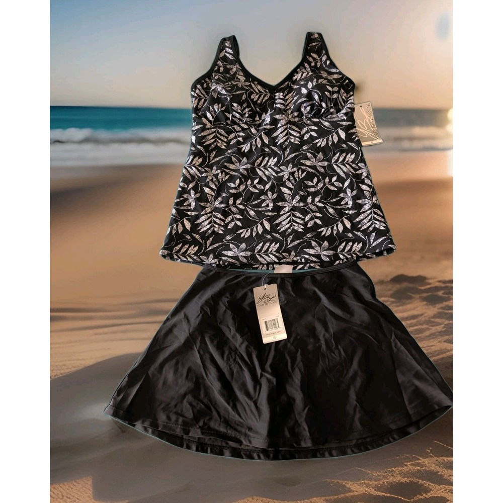 YBL Your Best Look Tankini Top & Skirt 2 PC Swimsuit Womens Size 8  Black White